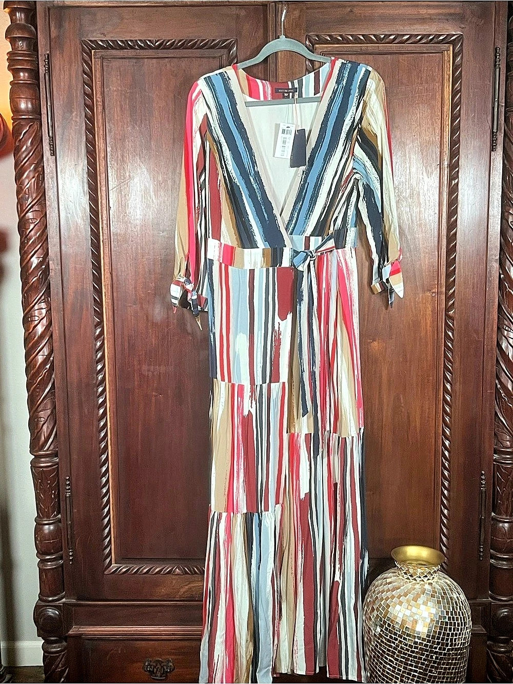 NWT Skies Are Blue Painterly Stripe Boho Tiered Wrap Maxi with lining Dress L